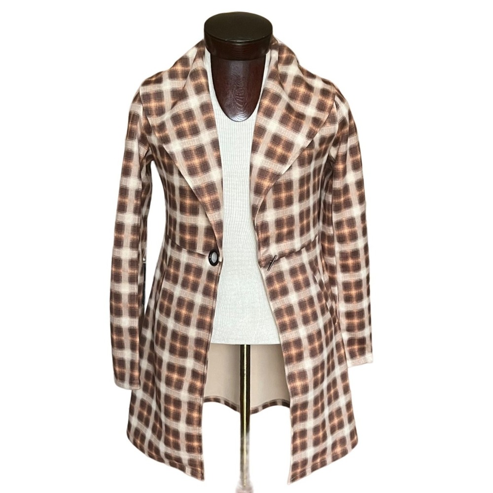 Solitaire Womens Coat Toggle Shawl Collar Plaid Brown Tan Small Academia Hipster